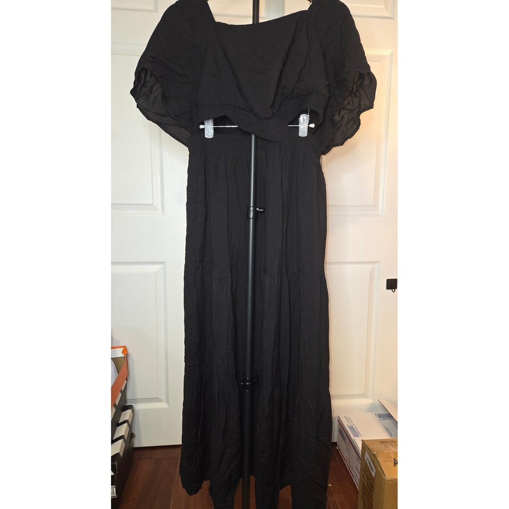 Leani Black Tiered Maxi Dress Puff Sleeve Cutout Smocked XL NWT